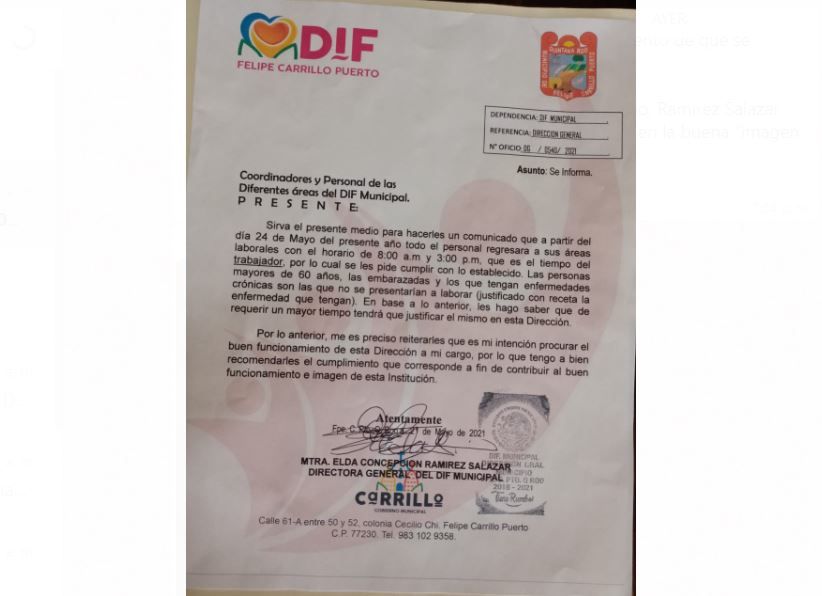 Todos los trabajadores del DIF Felipe Carrillo Puerto a reintegrarse a sus labores