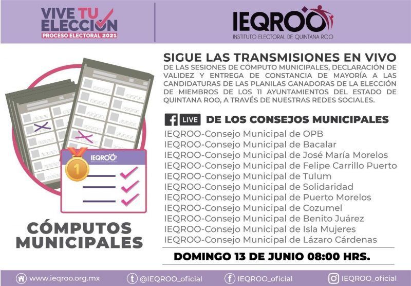 IEQROO: informa que el día domingo 13 de junio se realizarán en los 11 Consejos Municipales