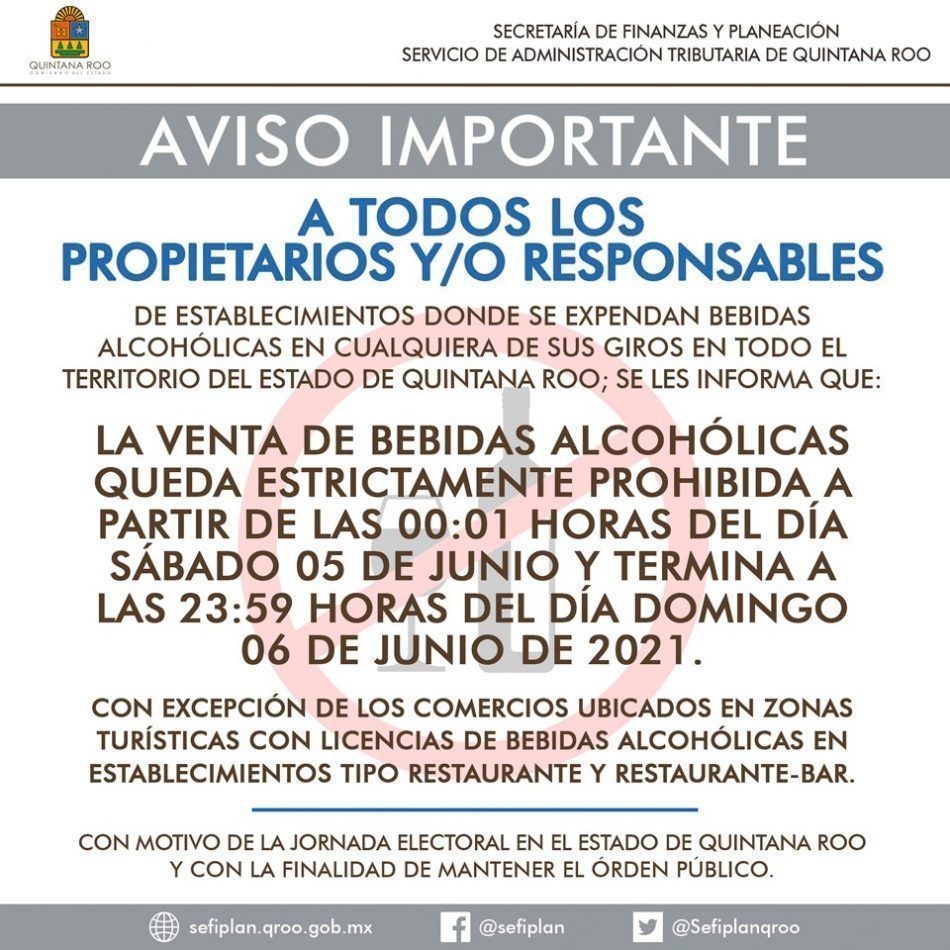 Gobierno de Quintana Roo anuncia próxima entrada en vigor de «Ley Seca» por comicios dominicales