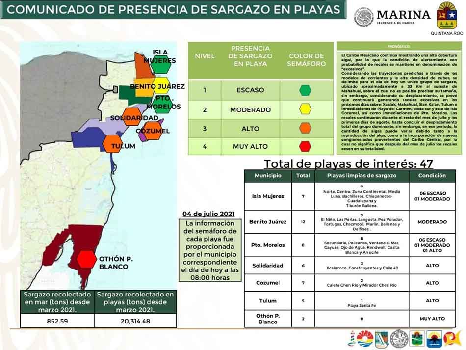 Semar destaca baja presencia de sargazo en solo tres municipios de Quintana Roo