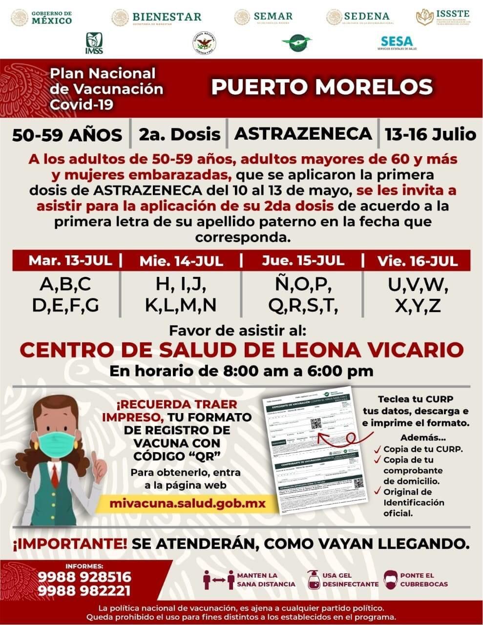 Comienza mañana en Puerto Morelos vacunación de segunda dosis a adultos de 50 a 59 años