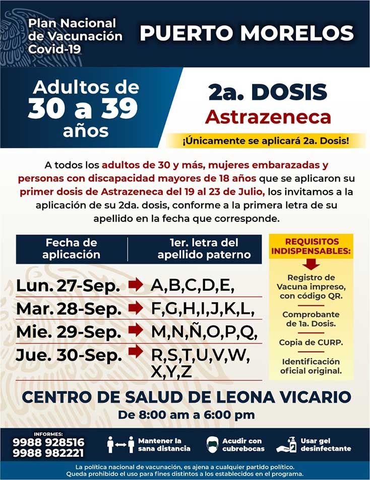 Ayuntamiento de Solidaridad exhorta a personas de 30 a 39 años a recibir segunda vacuna contra la COVID-19