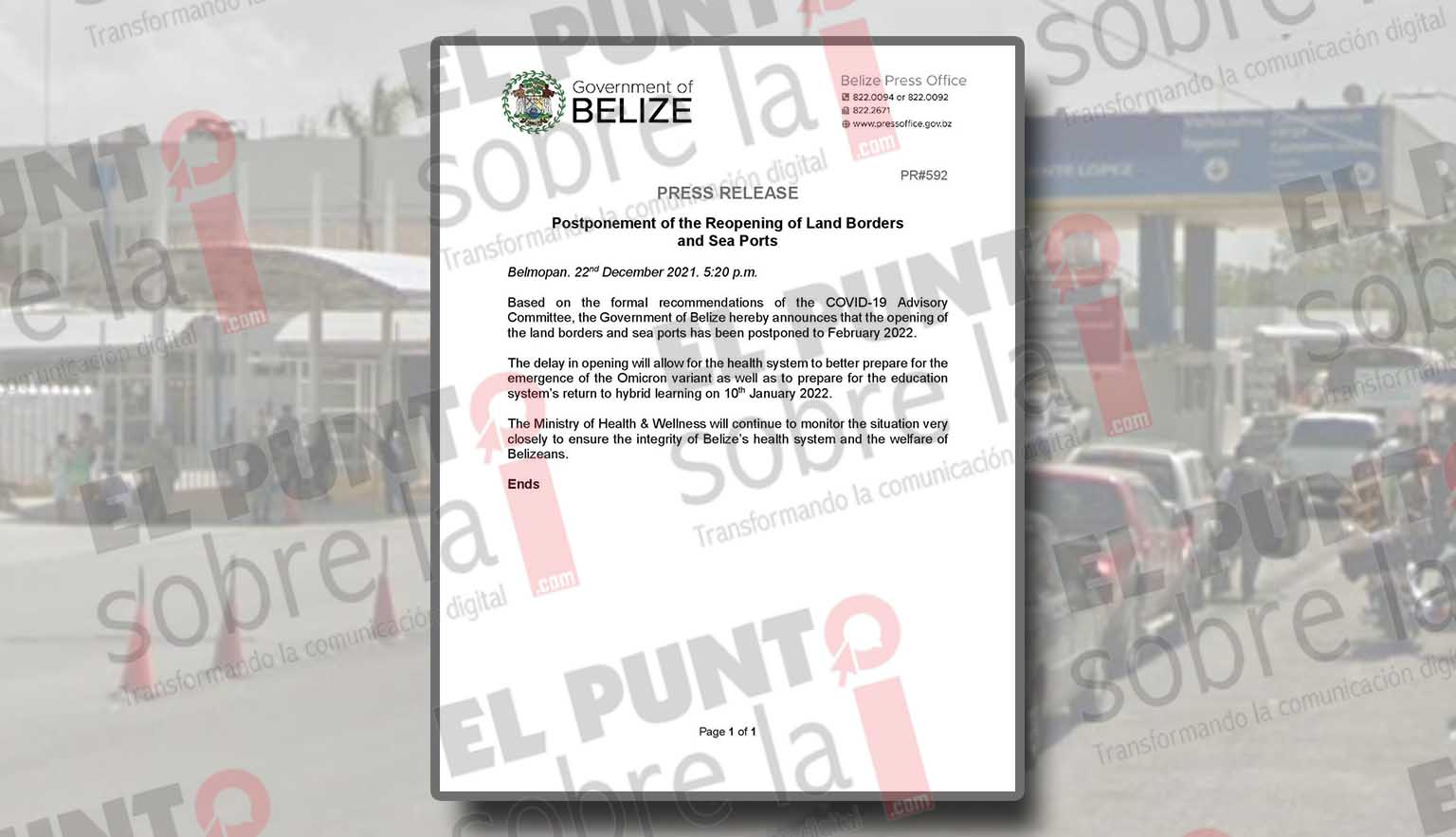 Gobierno de Belice aplaza reapertura de fronteras con México por recomendación sanitaria