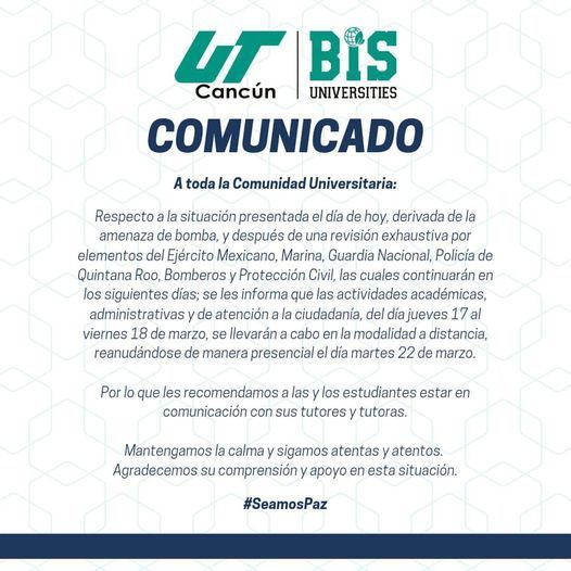 Tras amenaza de bomba, cierra la UT Cancún sus instalaciones hasta el martes 22