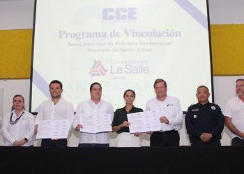 Unidos Ana Paty Peralta, CCE y universidad la SALLE por becas para hijos de policías y bomberos