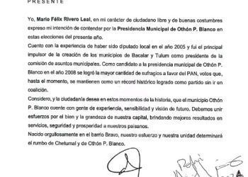 Mario Rivero Leal oficializa su intención de contender por la presidencia de Othón P. Blanco