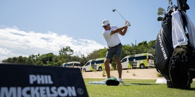 Captain Phil Mickelson of HyFlyers GC hits his shot on the driving range during the first round of the LIV Golf Mayakoba at the El Camaleón Golf Course on Friday, February 02, 2024 in Playa del Carmen, Mexico. (Photo by Amy Kontras/LIV Golf)