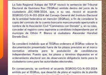 Tribunal Electoral Revoca Registro de Candidatura Independiente de Alex Dorado en Othón P. Blanco