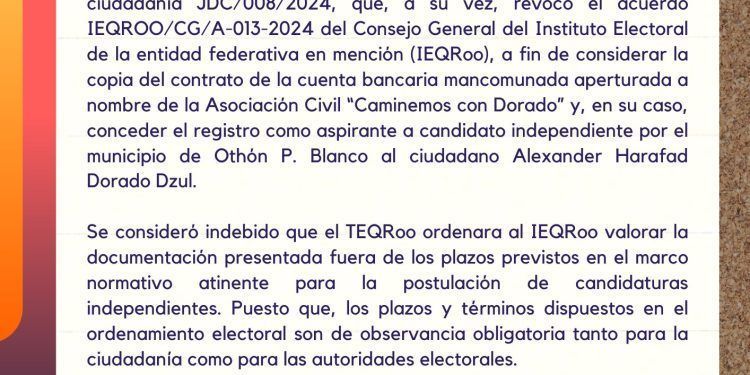Tribunal Electoral Revoca Registro de Candidatura Independiente de Alex Dorado en Othón P. Blanco