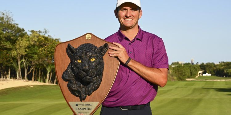TULUM, MEXICO - MARCH 24: The winner Clay Feagler of the United States holds the trophy after the final round of the PGA TOUR Americas Bupa Championship at Tulum at the PGA Riviera Maya on March 24, 2024 in Tulum, Mexico. (Photo by Jennifer Perez/PGA TOUR)