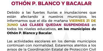 Permanecerán suspendidas las clases este viernes 20 de junio en Othón P. Blanco y Bacalar