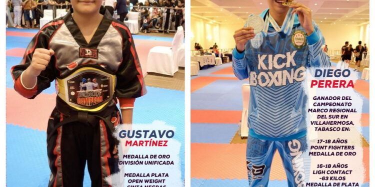 Gustavo Martínez y Diego Perea triunfan en el regional de kickboxing efectuado en Tabasco