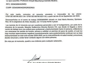 Renuncia en la secundaria «Andrés Quintana Roo» expone presunto abuso de poder por parte de la directora