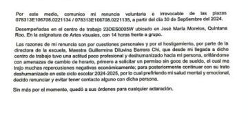 Renuncia en la secundaria «Andrés Quintana Roo» expone presunto abuso de poder por parte de la directora