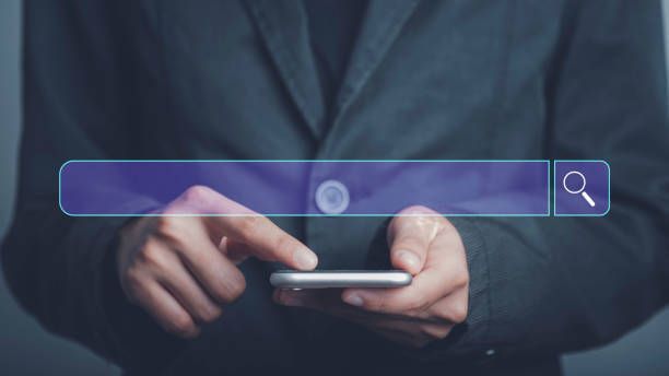 Search Engine Technology for find information or data network with your website.concept. Search Console bar On Virtual Screen, Businessman hand use smartphone.
