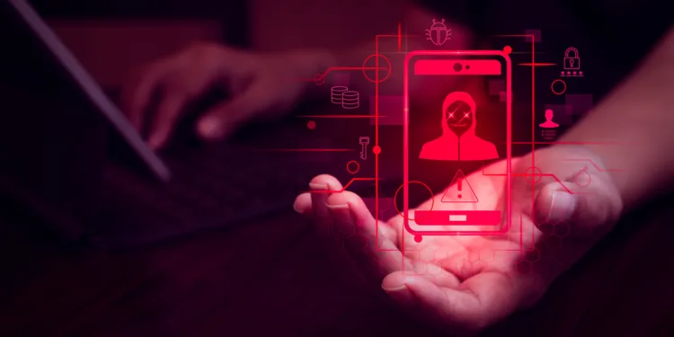 Mobile phone scam, scammer stealing data, digital identity thief, dark web, text sms fraud online concepts. Hacker symbol on smartphone with personal data icon near person hand with laptop computer.