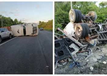 Tráiler vuelca en la carretera Carrillo–Tulum; conductor presuntamente dormitó al volante