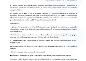 Consejo Hotelero del Caribe Mexicano aclara alcance de alerta de viaje de EE.UU.