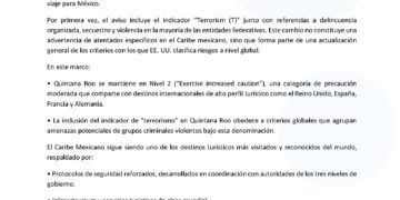 Consejo Hotelero del Caribe Mexicano aclara alcance de alerta de viaje de EE.UU.