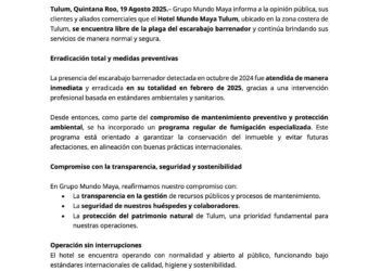 Grupo Mundo Maya aclara: Hotel Mundo Maya Tulum libre de plagas y en operación normal