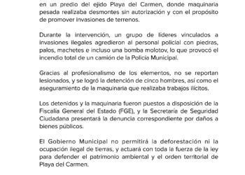 Invasores agreden a periodista e incendian vehículo oficial durante desalojo en Playa del Carmen