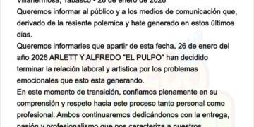 Alfredo “El Pulpo” y Arlett anuncian el fin de su relación laboral y artística