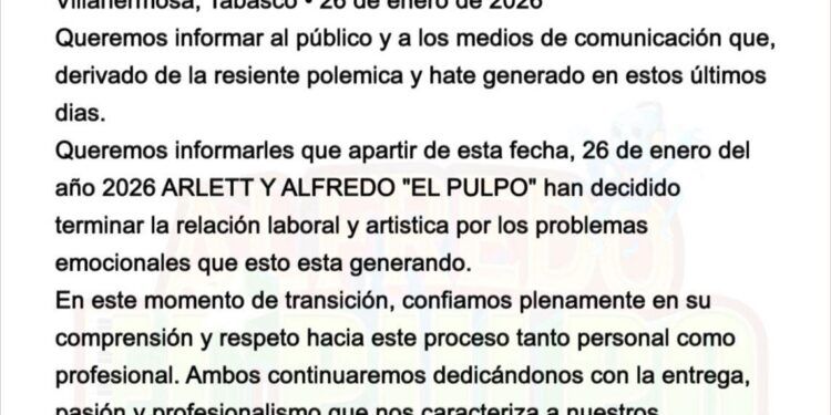 Alfredo “El Pulpo” y Arlett anuncian el fin de su relación laboral y artística
