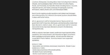 Emite EE. UU. alerta de seguridad en México; incluye Quintana Roo por operativos y bloqueos