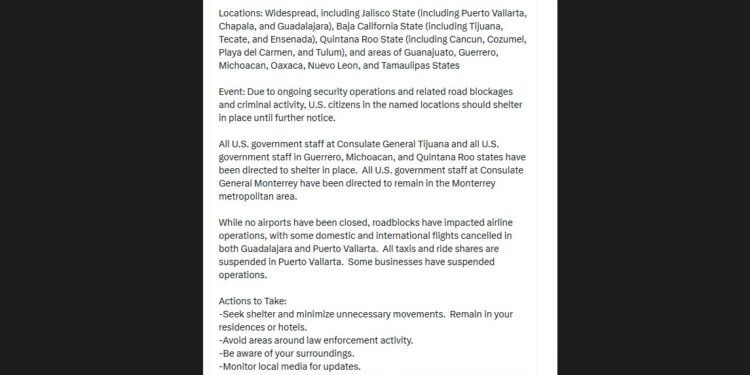 Emite EE. UU. alerta de seguridad en México; incluye Quintana Roo por operativos y bloqueos