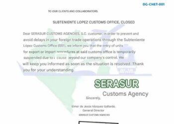 Aviso de agencia aduanal alerta sobre suspensión temporal de operaciones en Subteniente López