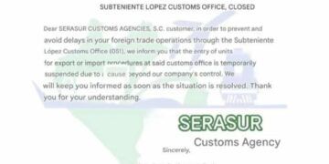 Aviso de agencia aduanal alerta sobre suspensión temporal de operaciones en Subteniente López
