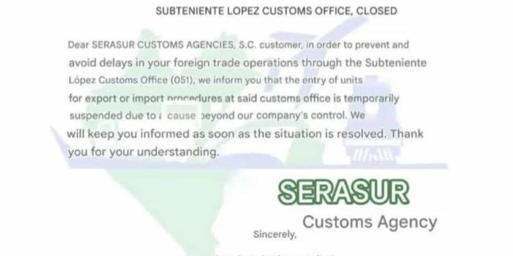 Aviso de agencia aduanal alerta sobre suspensión temporal de operaciones en Subteniente López