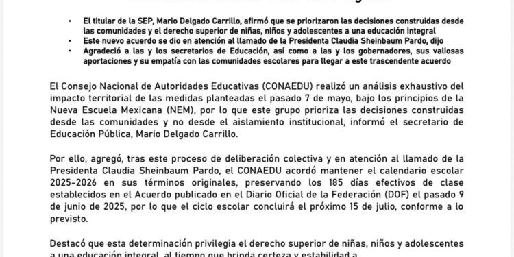 SEP mantiene sin cambios el calendario escolar 2025-2026; ciclo concluirá el 15 de julio