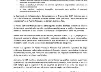 SICT niega “apuntalamientos de emergencia” en el Puente Nichupté y asegura que la obra es segura