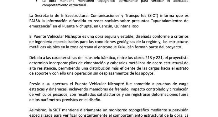 SICT niega “apuntalamientos de emergencia” en el Puente Nichupté y asegura que la obra es segura